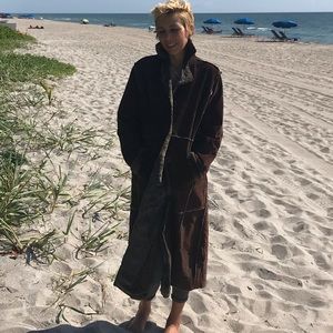 Dark Chocolate Leather Coat Faux Fur Trim Full Length Quilted Lining